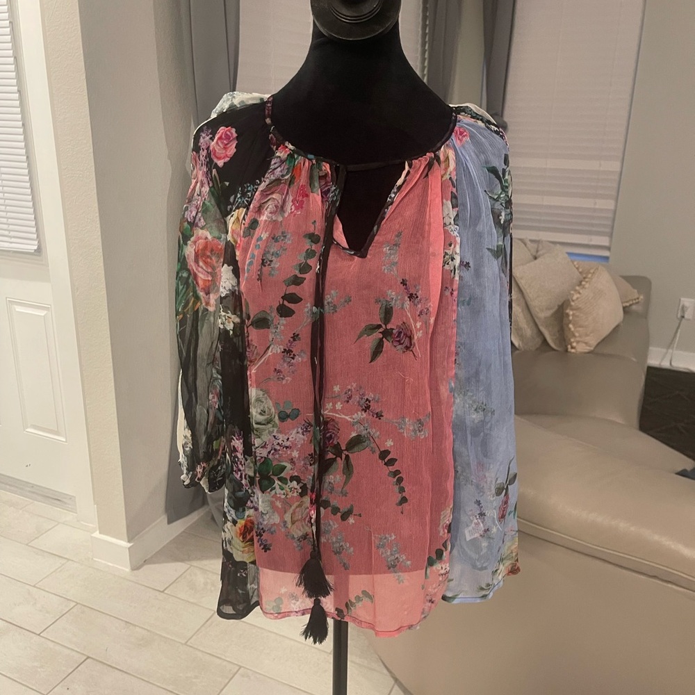 Johnny Was Giselle peasant 100% silk blouse top Sz S